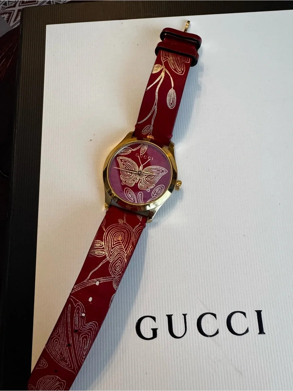 Gucci Gold-Tone Case Watch with Red Butterfly Strap